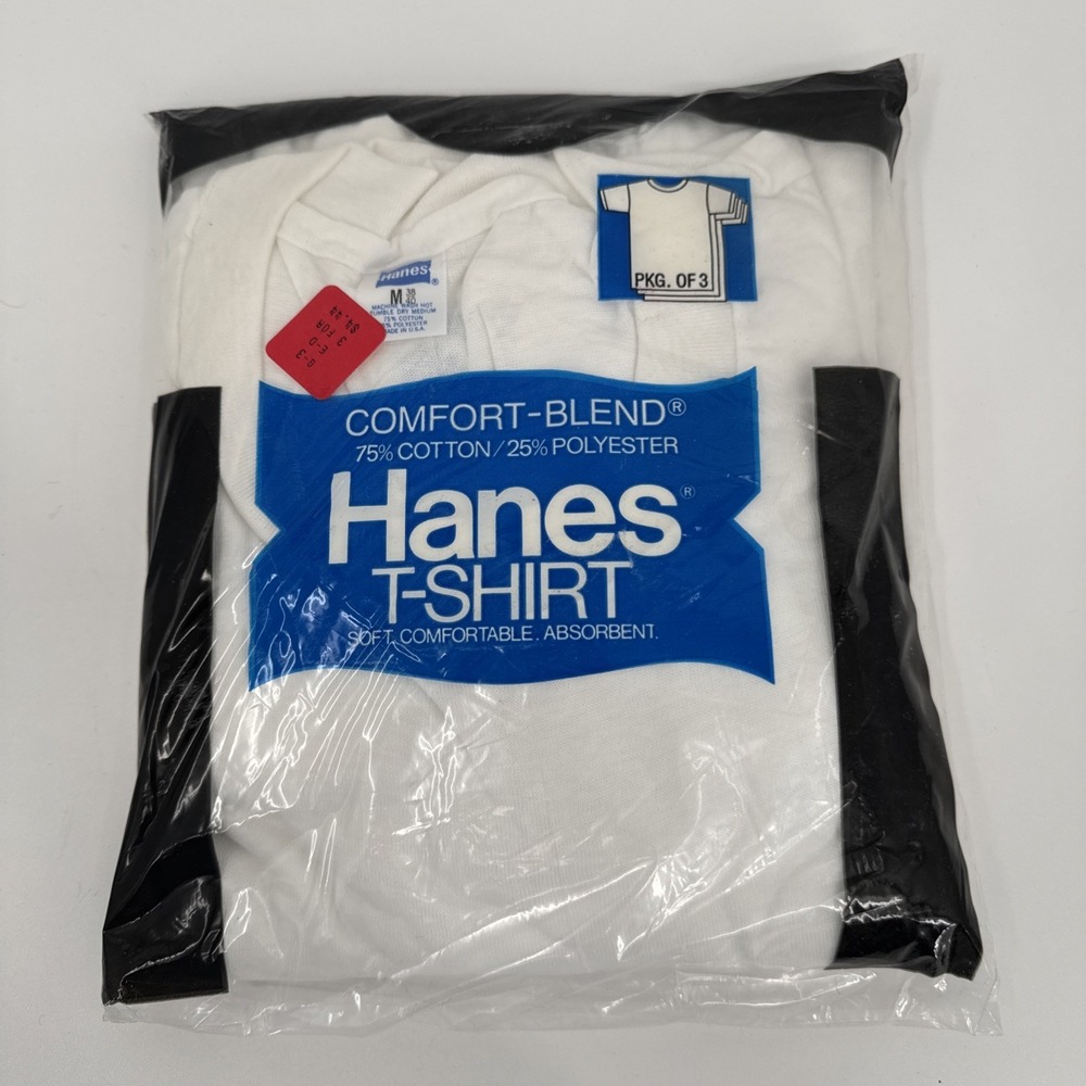 Vintage 70's NOS NIP Hanes 3-Pack White Crew Tee Shirts Mens Medium 38-40 Sealed